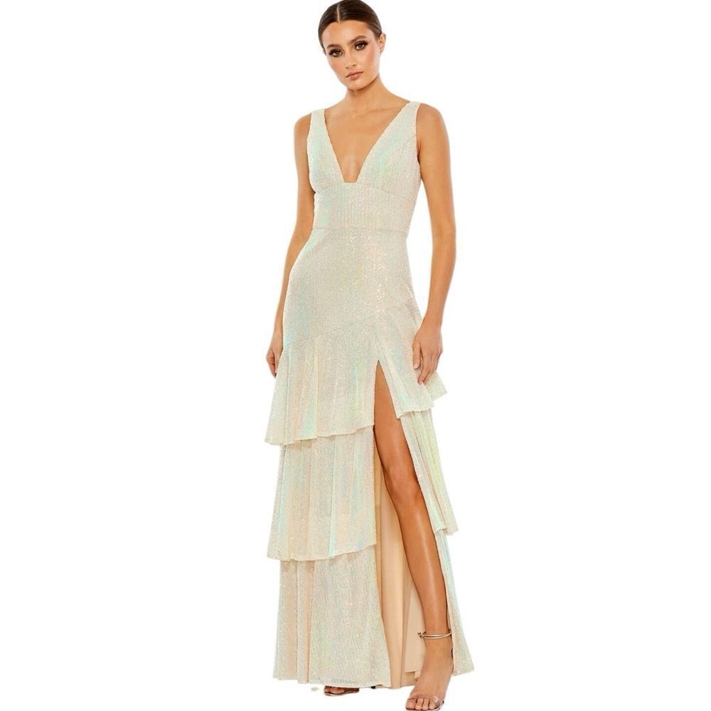 IEENA FOR MAC DUGGAL Sequin Asymmetrical Ruffle Tiered Gown Size 8 Style 27046